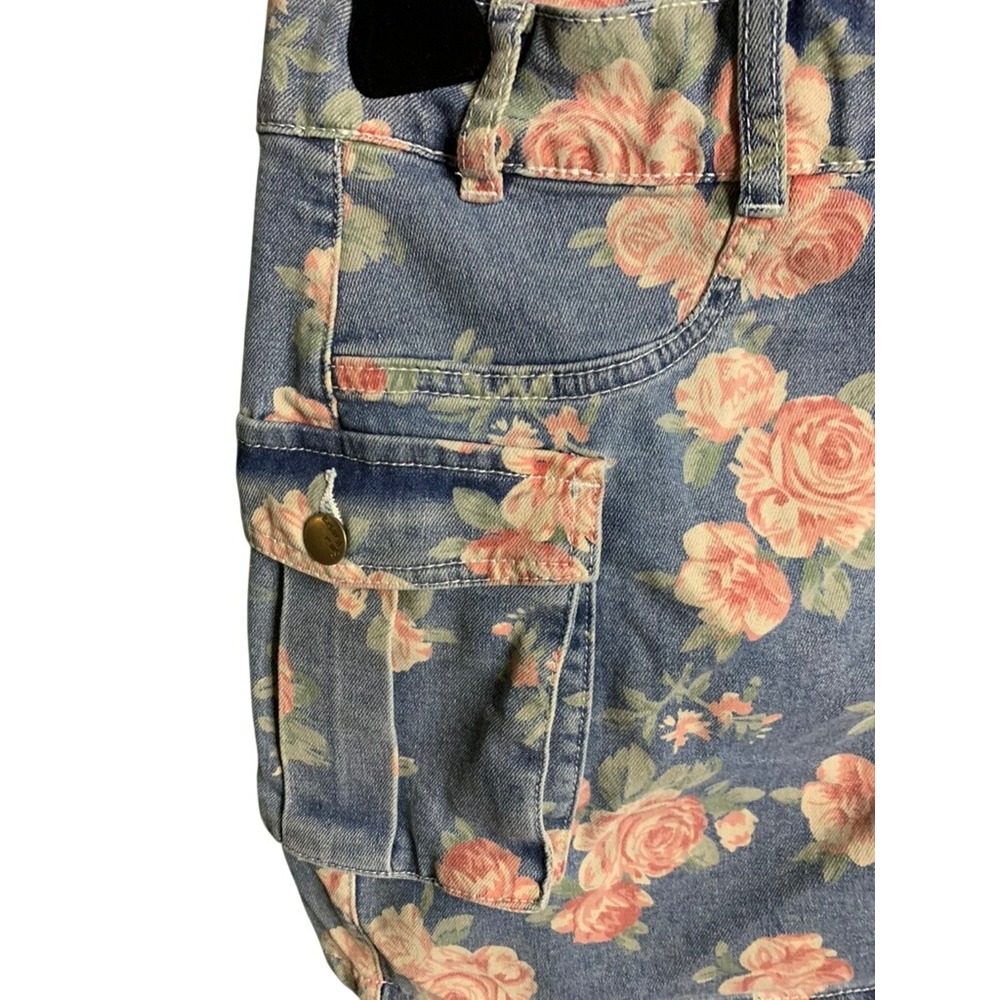 Elleven Floral Denim Cargo Mini Skirt XL Pink Rose Blue E103 Y2K Style - Picture 3 of 7